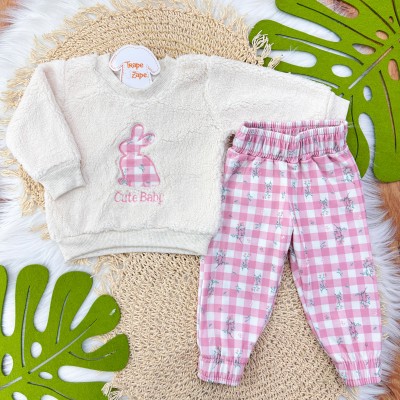 Conj. Casaco de Pelinho Coelho Cute Baby e Calça Xadrez com Florzinhas - Areia e Rose